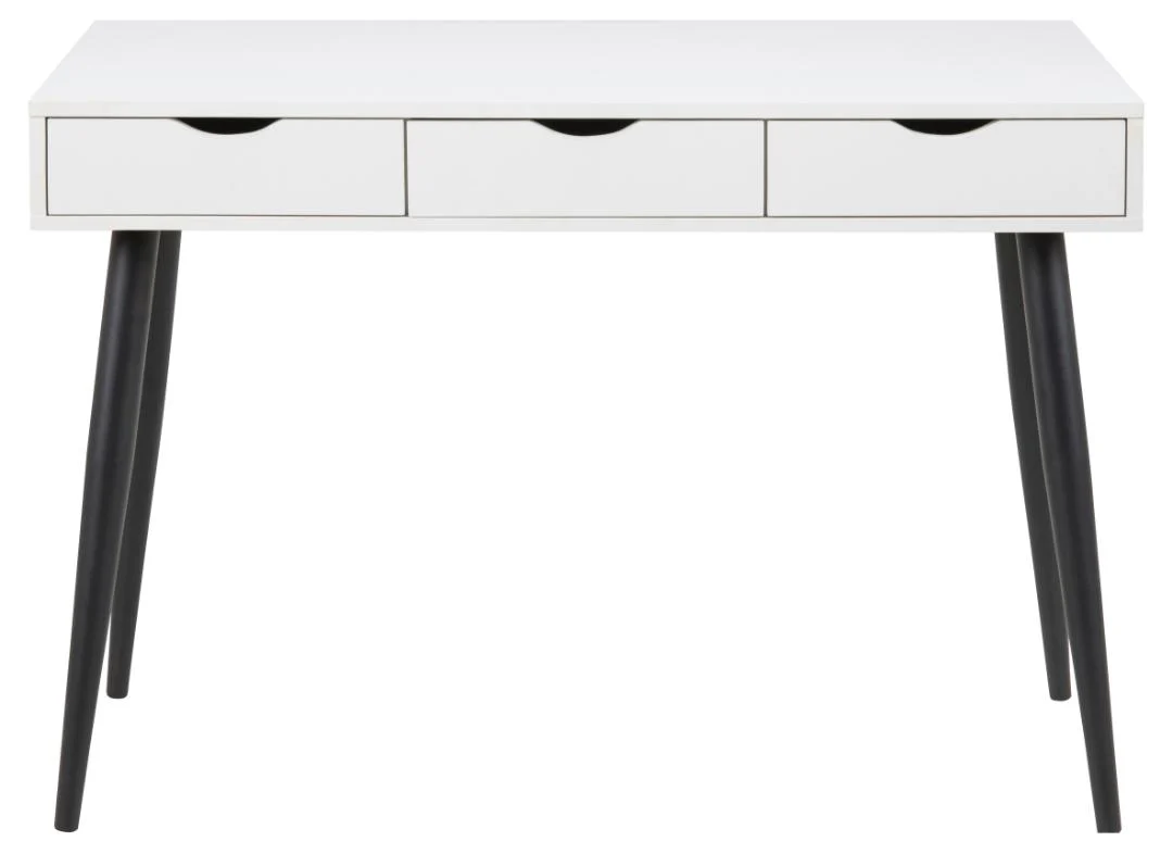 Wit bureau 110x50 met 3 lades. Mat zwart stalen poten. Modern melamine bureau voor kantoor of thuiswerkplek.