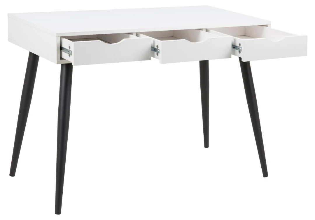 Wit bureau met 3 lades, melamine en zwart stalen poten. Modern design bureau voor kantoor of thuis.