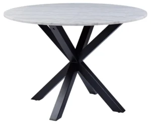De Eettafel Nieuwe Sfeer 110 CM Rond Marmer heeft een wit marmeren blad en een stevig zwart massief stalen onderstel met vier schuine poten die elkaar in het midden kruisen voor een moderne look.