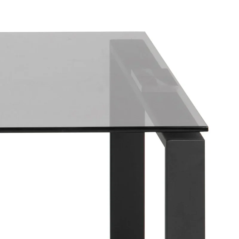 Close-up van de Salontafel Rookglas, Zwart (40 x 45 CM) met een rechthoekig blad van gerookt glas en zwarte metalen poten, gefotografeerd vanuit een hoek onder een hoek.
