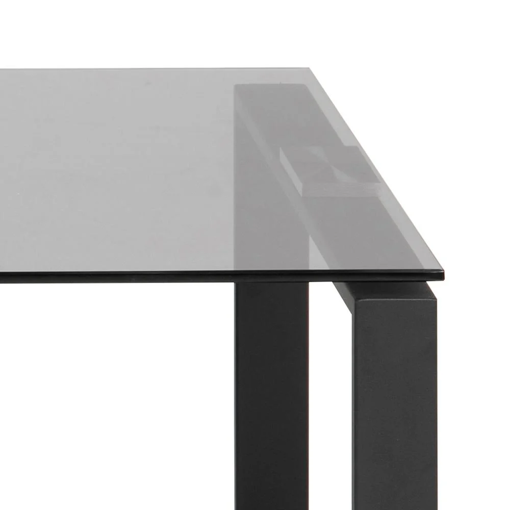 Close-up van de Salontafel Rookglas, Zwart (40 x 45 CM) met een rechthoekig blad van gerookt glas en zwarte metalen poten, gefotografeerd vanuit een hoek onder een hoek.