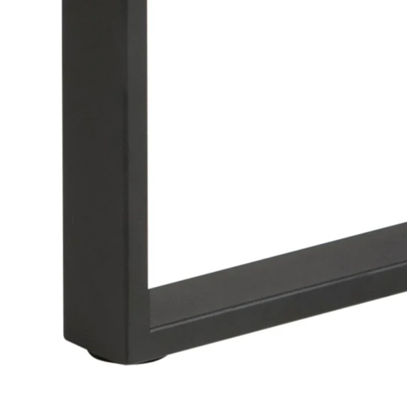 Close-up van de Salontafel Rookglas tafelpoot, met een zwart metalen rechthoekig ontwerp met strakke lijnen en een gladde afwerking, getoond tegen een witte achtergrond. Geschikt voor de Rechthoek Rookglas, Zwart 40 x 45 CM tafel.