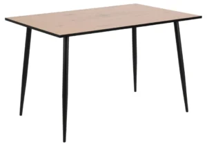 De Eettafel Wilma 80 x 75 CM Rechthoek heeft een rechthoekig eiken tafelblad en vier slanke zwarte stalen poten.