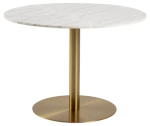 De Eettafel Nieuwe Sfeer 105 CM Rond Marmer heeft een wit marmeren rond blad en een enkele goud metalen stalen sokkel, tegen een effen witte achtergrond.