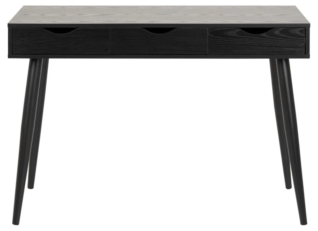 Zwart melamine bureau 110x50 cm met 3 lades, industrieel design.