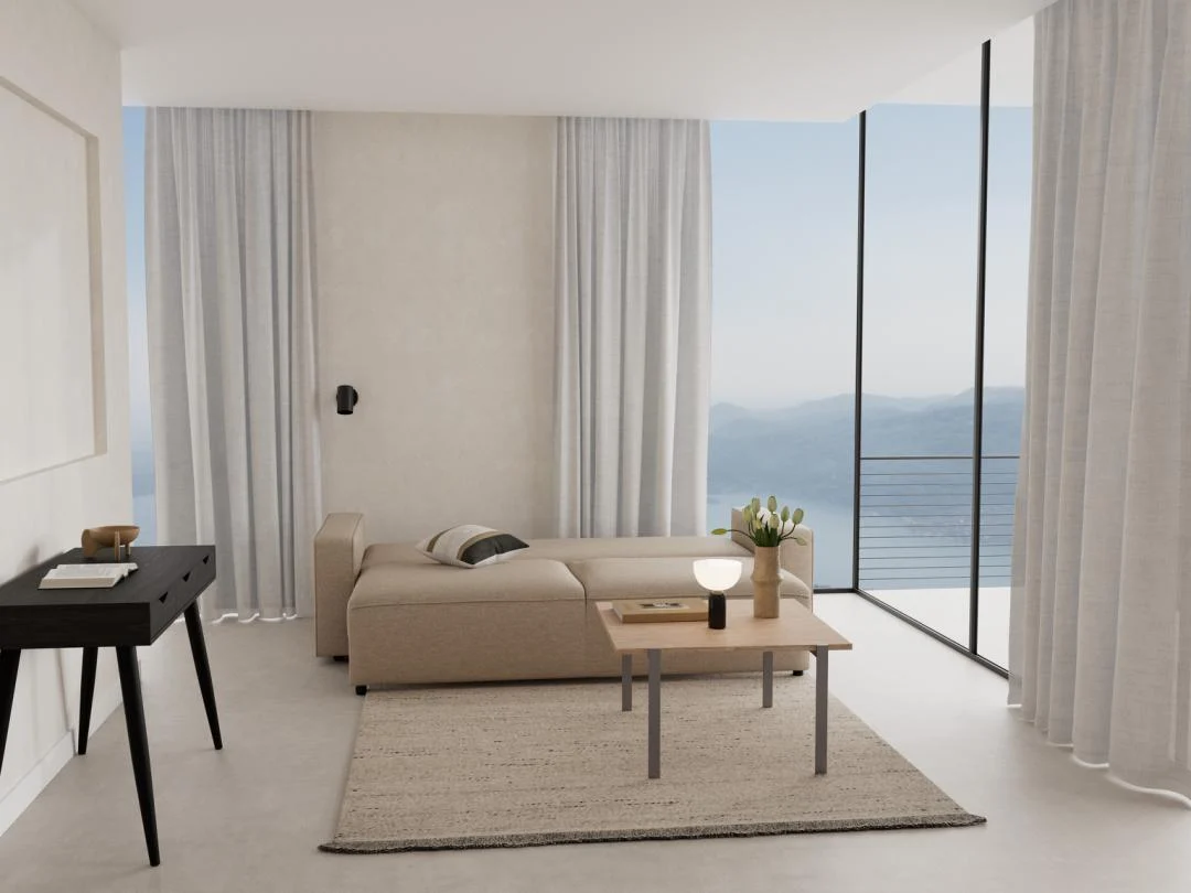 Zwarte bureau 110x50 industrieel met 3 laden. Modern interieur met uitzicht en minimalistisch design.