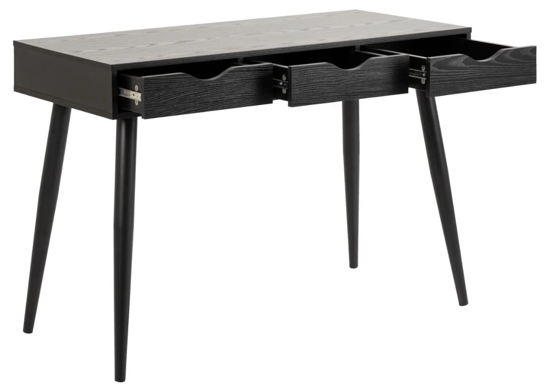 Zwart bureau 110x50 cm met 3 laden. Industrieel design melamine bureau voor kantoor of thuiswerkplek.
