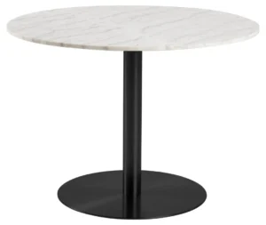 De Eettafel Nieuwe Sfeer 105 CM Rond Marmer heeft een wit marmeren blad en een matzwarte voet, tegen een effen witte achtergrond.