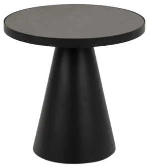 De Salontafel Zwart 45 CM Rond Keramiek is een moderne, matzwarte bijzettafel met een rond blad en een breed, kegelvormig onderstel, afgebeeld tegen een effen witte achtergrond.