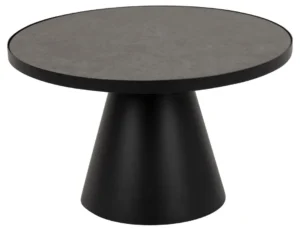 Een compacte, moderne ronde tafel genaamd "Salontafel Zwart 40 CM Rond Keramiek," met een tafelblad van grijs keramiek en een zwart kegelvormig onderstel.