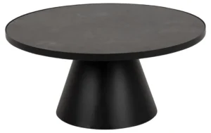 De Salontafel Zwart 40 CM Rond Keramiek Glas is een moderne ronde zwarte salontafel met een glad blad van keramisch glas en een brede conische voet, tegen een witte achtergrond.