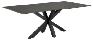 De Eettafel Hemel 200 x 100 CM Rechthoek is een moderne rechthoekige tafel met een slank donker keramisch blad en een opvallend zwart stalen onderstel met meerdere schuine poten die in het midden samenkomen.