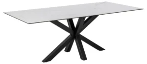 De Eettafel Nieuwe Sfeer 200 x 100 CM is een moderne rechthoekige tafel met een strak wit keramiek blad en een zwart, geometrisch stalen onderstel met schuine poten die elkaar in het midden kruisen.