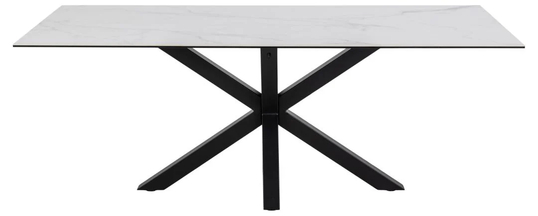 De Eettafel Nieuwe Sfeer (200 x 100 CM) heeft een rechthoekig keramisch, marmerachtig blad en een zwart stalen X-vormig onderstel tegen een effen witte achtergrond.