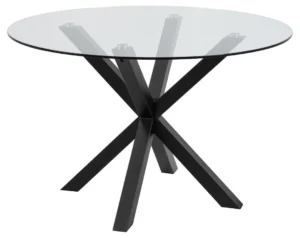 Eettafel Hemel is een moderne 119 cm ronde glazen tafel met een helder blad en een matzwart stalen onderstel met gekruiste poten.