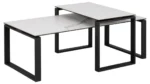 Moderne ronde salontafels, Salontafel Zwart, Wit 40 x 45 CM, met keramisch witte bladen en zwarte frames, gedeeltelijk op elkaar gestapeld.