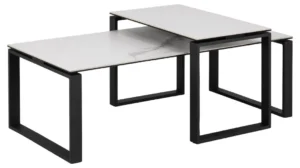 Moderne ronde salontafels, Salontafel Zwart, Wit 40 x 45 CM, met keramisch witte bladen en zwarte frames, gedeeltelijk op elkaar gestapeld.
