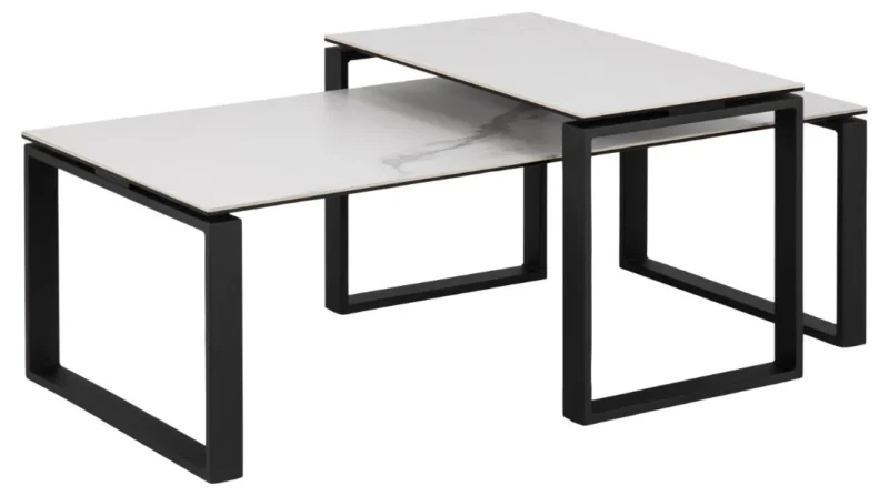 Moderne ronde salontafels, Salontafel Zwart, Wit 40 x 45 CM, met keramisch witte bladen en zwarte frames, gedeeltelijk op elkaar gestapeld.