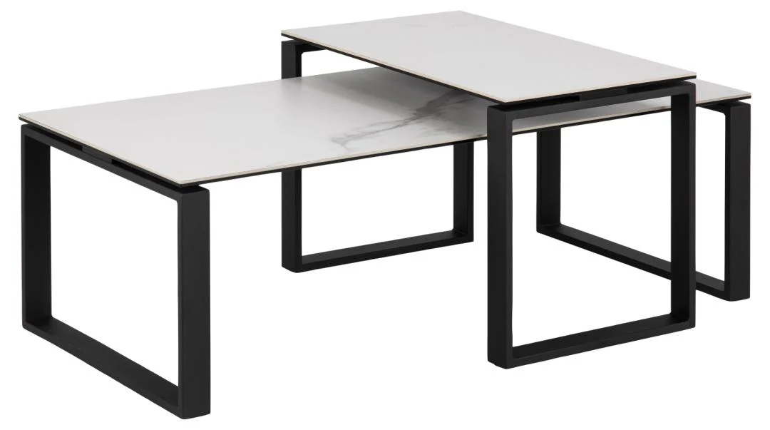 Moderne ronde salontafels, Salontafel Zwart, Wit 40 x 45 CM, met keramisch witte bladen en zwarte frames, gedeeltelijk op elkaar gestapeld.