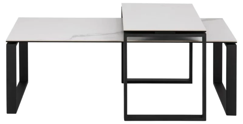 Twee moderne ronde salontafels, Salontafel Zwart, Wit 40 x 45 CM, met zwarte frames en witte keramische bladen, in een overlappende verspringende stijl.