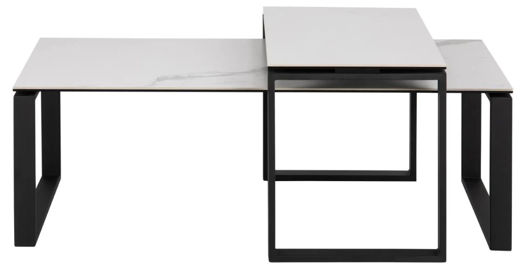 Twee moderne ronde salontafels, Salontafel Zwart, Wit 40 x 45 CM, met zwarte frames en witte keramische bladen, in een overlappende verspringende stijl.