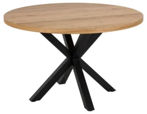 De Eettafel Hemel 120 CM is een ronde eikenhouten tafel met een licht naturel blad en een zwart stalen onderstel met vier schuine poten die in het midden samenkomen.