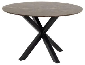 De Eettafel Nieuwe Sfeer 120 CM is een ronde tafel met een bruin marmeren blad en zwarte stalen poten in een modern kruisend X-vormig ontwerp.