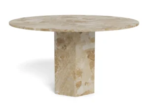 De Eettafel Naxos 130 CM Rond Marmer Massief heeft een rond beige marmeren blad en een brede rechthoekige voet, beide met natuursteenpatronen voor een stijlvolle en elegante uitstraling.