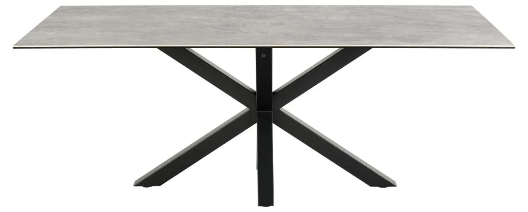 De Eettafel Nieuwe Sfeer is een rechthoekige tafel van 200 x 100 cm met een glad grijs keramisch blad en een zwart X-vormig stalen onderstel, afgebeeld tegen een witte achtergrond.