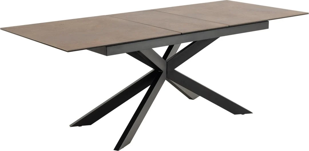 De Eettafel Nieuwe Sfeer is een moderne rechthoekige eettafel (90 x 76 cm) met een bruin keramisch blad en een zwart stalen X-vormig onderstel.