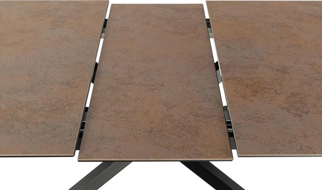 Een bovenaanzicht van de Eettafel Nieuwe Sfeer 90 x 76 CM toont het rechthoekige ontwerp met drie bruine, gestructureerde keramiek panelen gescheiden door smalle openingen, allemaal ondersteund door een zwarte stalen basis.