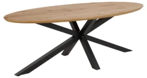 De Eettafel Hemel 220 x 100 CM Rond is een moderne ovale tafel gemaakt van eikenhout met een naturel houten blad en zwarte stalen poten in een kruisend sterrendesign.