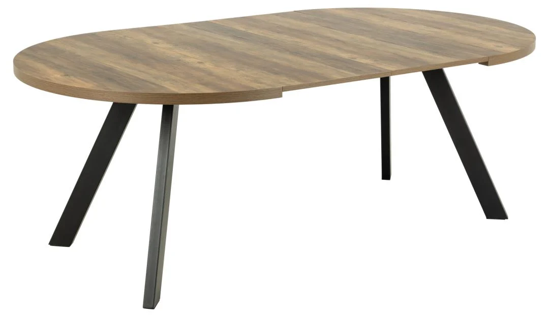 De Eettafel Zalida 120 CM Rond Eikenhout is een moderne ronde eiken eettafel met een houtnerf blad en vier schuine zwart stalen poten, uitschuifbaar voor extra veelzijdigheid, afgebeeld tegen een witte achtergrond.