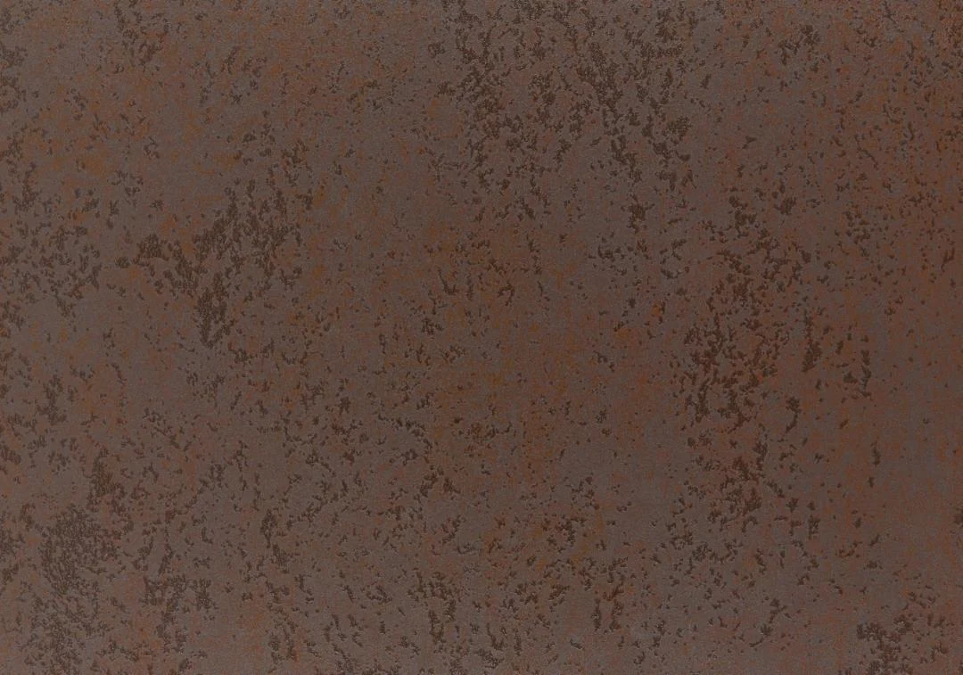 Een close-up van de Eettafel Nieuwe Sfeer 240 x 100 CM toont het gevlekte stalen oppervlak in bruine en oranje tinten, met een glazen rechthoek ontwerp en zichtbare donkere vlekken voor extra textuur.