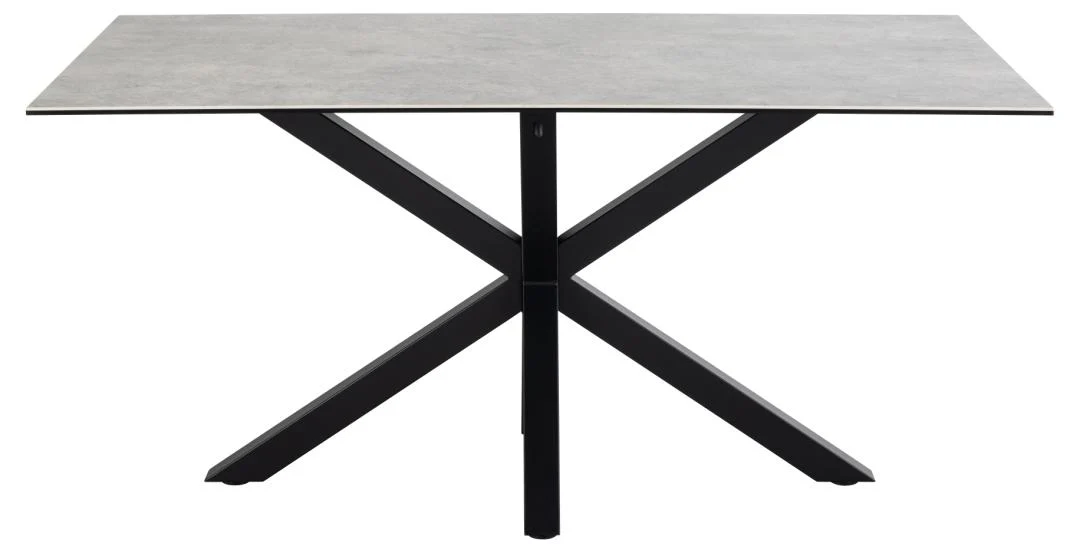 De Eettafel Nieuwe Sfeer 160 x 90 CM heeft een rechthoekig keramisch tafelblad in grijs en zwarte stalen X-vormige poten.