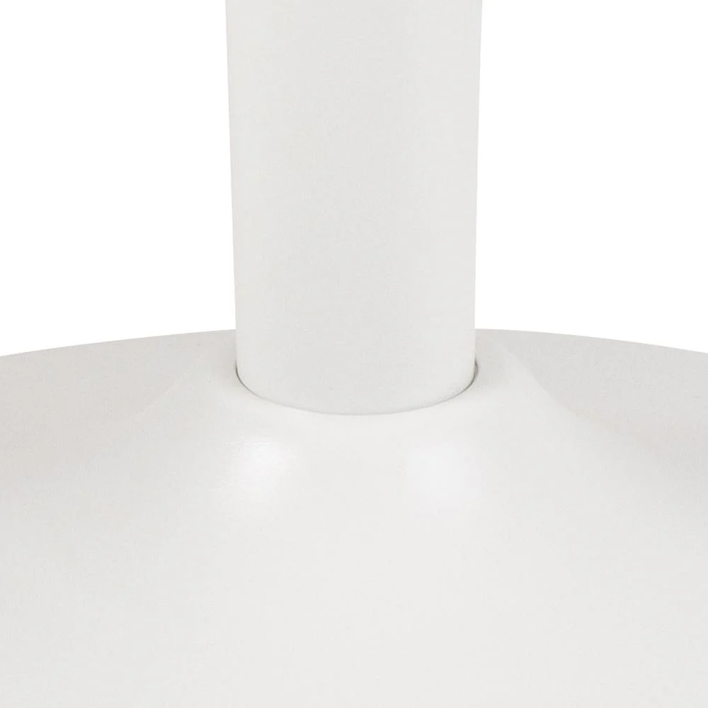 Close-up van de basis en het onderste deel van de witte, cilindervormige Salontafel Wit 60 CM Rond Kunststof tegen een effen witte achtergrond.