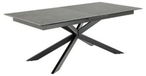 De Eettafel Nieuwe Sfeer 100 x 76 CM is een moderne rechthoekige eettafel met een donker keramisch blad in steenlook en zwarte, hoekige metalen poten die elkaar in het midden kruisen.