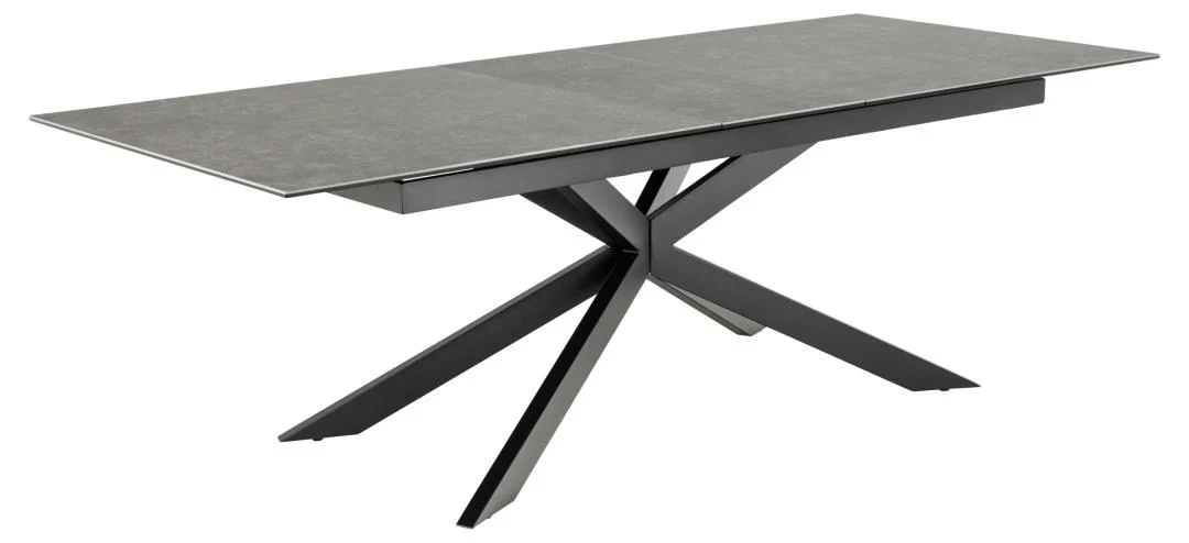 De Eettafel Nieuwe Sfeer 100 x 76 CM is een moderne rechthoekige eettafel met een donker keramiek tafelblad en een opvallend zwart metalen onderstel met schuin geplaatste poten.