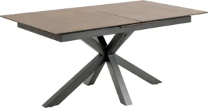 De Eettafel Nieuwe Sfeer 210 x 90 CM is een moderne rechthoekige eettafel met een glazen blad en zwart metalen X-vormige poten, weergegeven op een witte achtergrond.