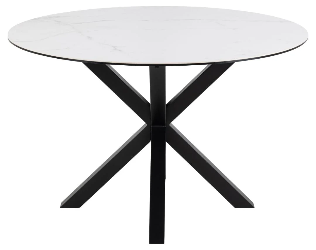De Eettafel Hemel 119 CM Rond Keramiek Staal heeft een rond wit marmeren blad en zwarte metalen X-vormige poten tegen een effen witte achtergrond.