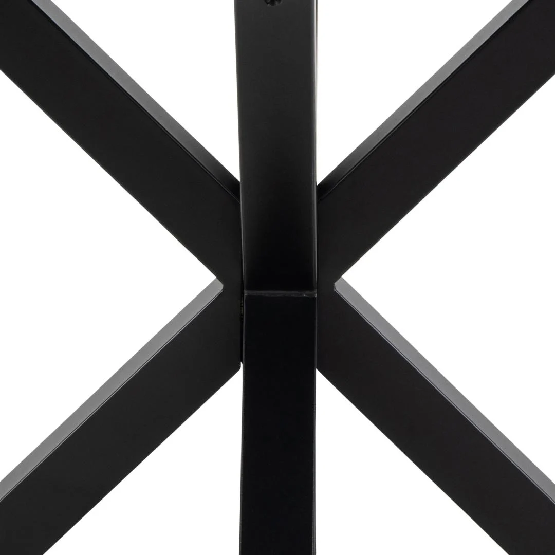 Close-up van zwarte stalen balken die een X vorm vormen tegen een witte achtergrond, onderdeel van de Eettafel Hemel 119 CM Rond Keramiek Staal.