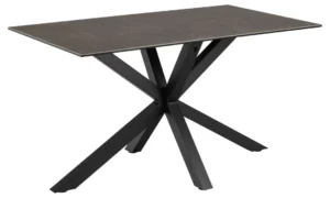 De Eettafel Nieuwe Sfeer 135 x 80 CM is een moderne rechthoekige tafel met een donker keramisch blad en een uniek zwart stalen onderstel met kruisende schuine poten.