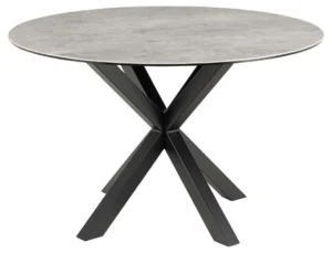 De Eettafel Nieuwe Sfeer 119 CM Rond heeft een glad, grijs steenachtig rond blad en een mat zwart stalen onderstel met vier metalen poten in een kriskras patroon voor stevige ondersteuning.