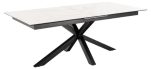 De Eettafel Nieuwe Sfeer is een moderne ronde eettafel met een 65 cm keramisch blad met marmerpatroon en een stevig zwart stalen onderstel.