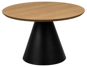 De Salontafel Zwart 65 CM Rond Fineer heeft een modern, minimalistisch ontwerp met een licht houtfineer rond blad en een zwart kegelvormig onderstel.