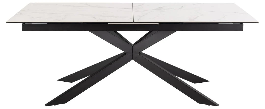 De Eettafel Irwine 240 x 100 CM Rechthoek is een moderne rechthoekige eettafel met een wit keramisch blad en zwarte geometrische metalen poten in een kruisende X-vorm.