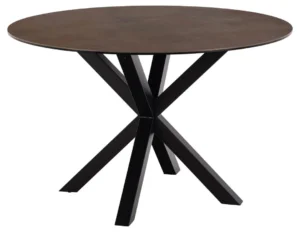 Eettafel Nieuwe Sfeer 119 CM Rond: een rond tafelblad in bruin keramiek met een modern zwart stalen onderstel, voorzien van vier schuine poten die elkaar in het midden kruisen.