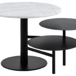 De Salontafel Zwart, Wit 45 CM Rond is een moderne kunststof nestelset met een wit rond blad en twee kleinere zwarte planken op verschillende hoogtes, allemaal ondersteund door een zwart metalen frame met een ronde basis.
