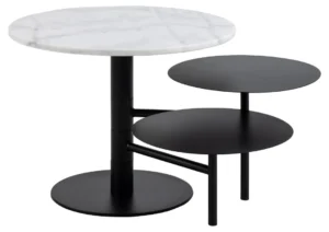 De Salontafel Zwart, Wit 45 CM Rond is een moderne kunststof nestelset met een wit rond blad en twee kleinere zwarte planken op verschillende hoogtes, allemaal ondersteund door een zwart metalen frame met een ronde basis.