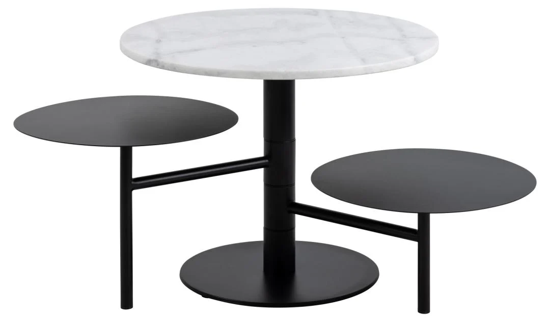 De Salontafel Zwart, Wit 45 CM Rond is een moderne salontafel met een wit marmeren blad, zwarte metalen centrale steun en twee kleinere ronde zwarte zijplanken als onderdeel van een kunststof nestingset.